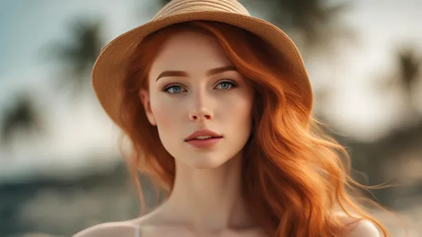A young woman with ginger hair with the fedora that is puuled slightly back