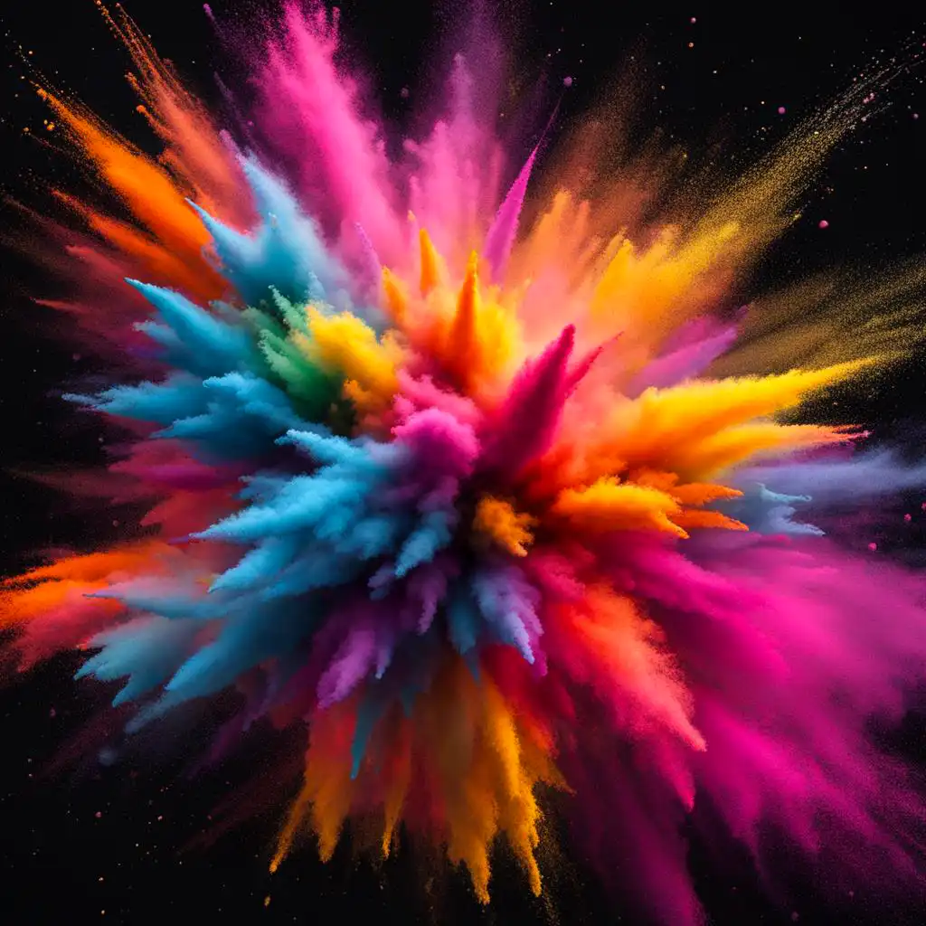 AI generated - by SDXL - image of a centered explosion of colorful powder on a black background, photorealistic