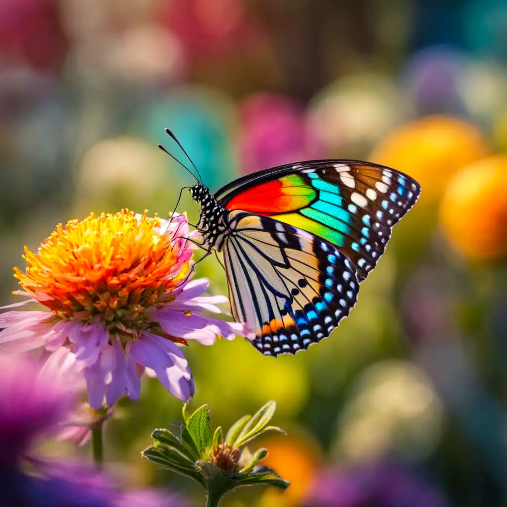 Stable-Diffusion-XL-generated photorealistic image of A butterfly with rainbow wings flying over a flower, photorealistic.